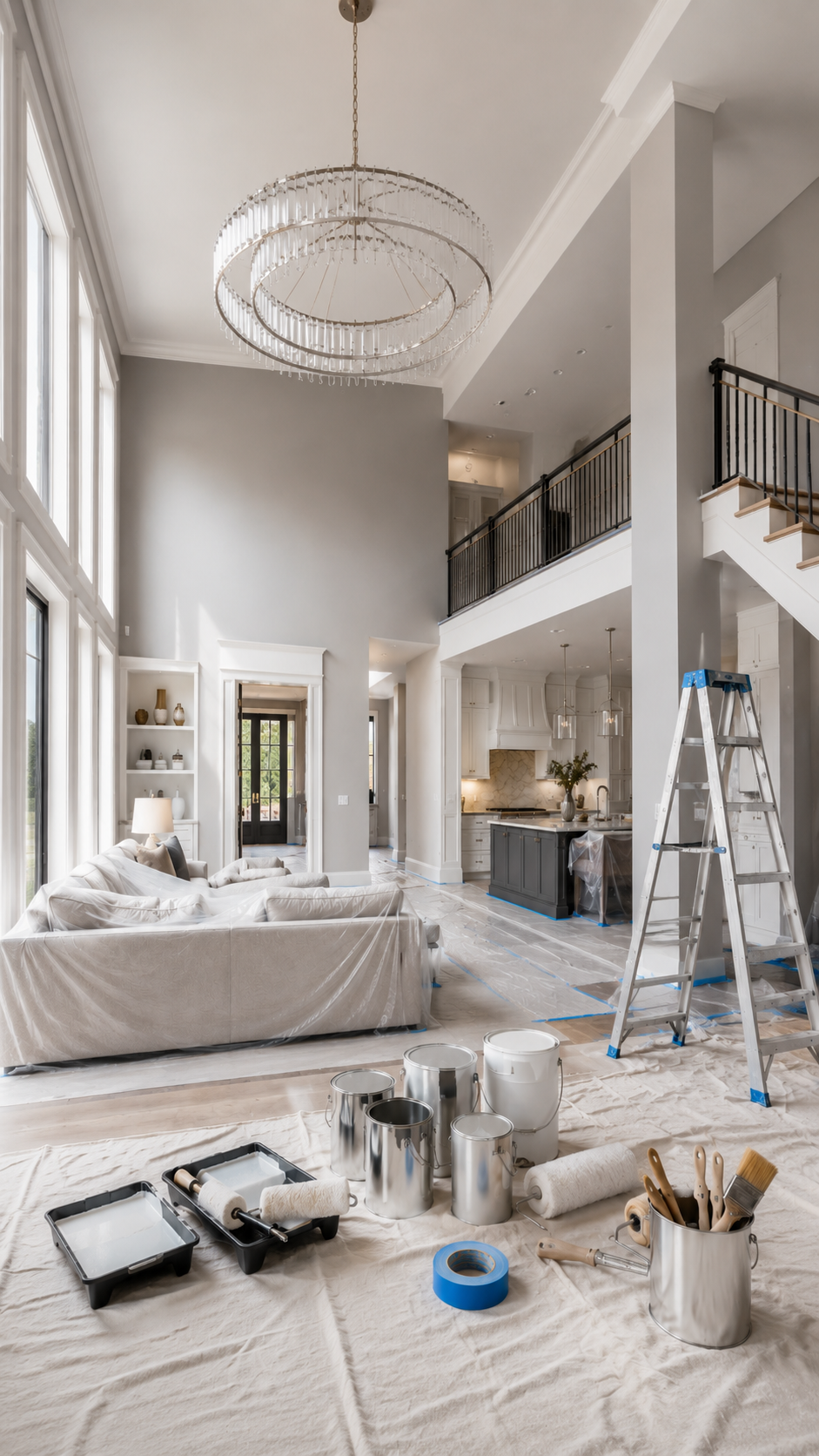 Professional painters from Alliance Trio Solutions prepping and repainting a bright residential interior with floor protection, ladders, and quality painting tools in place